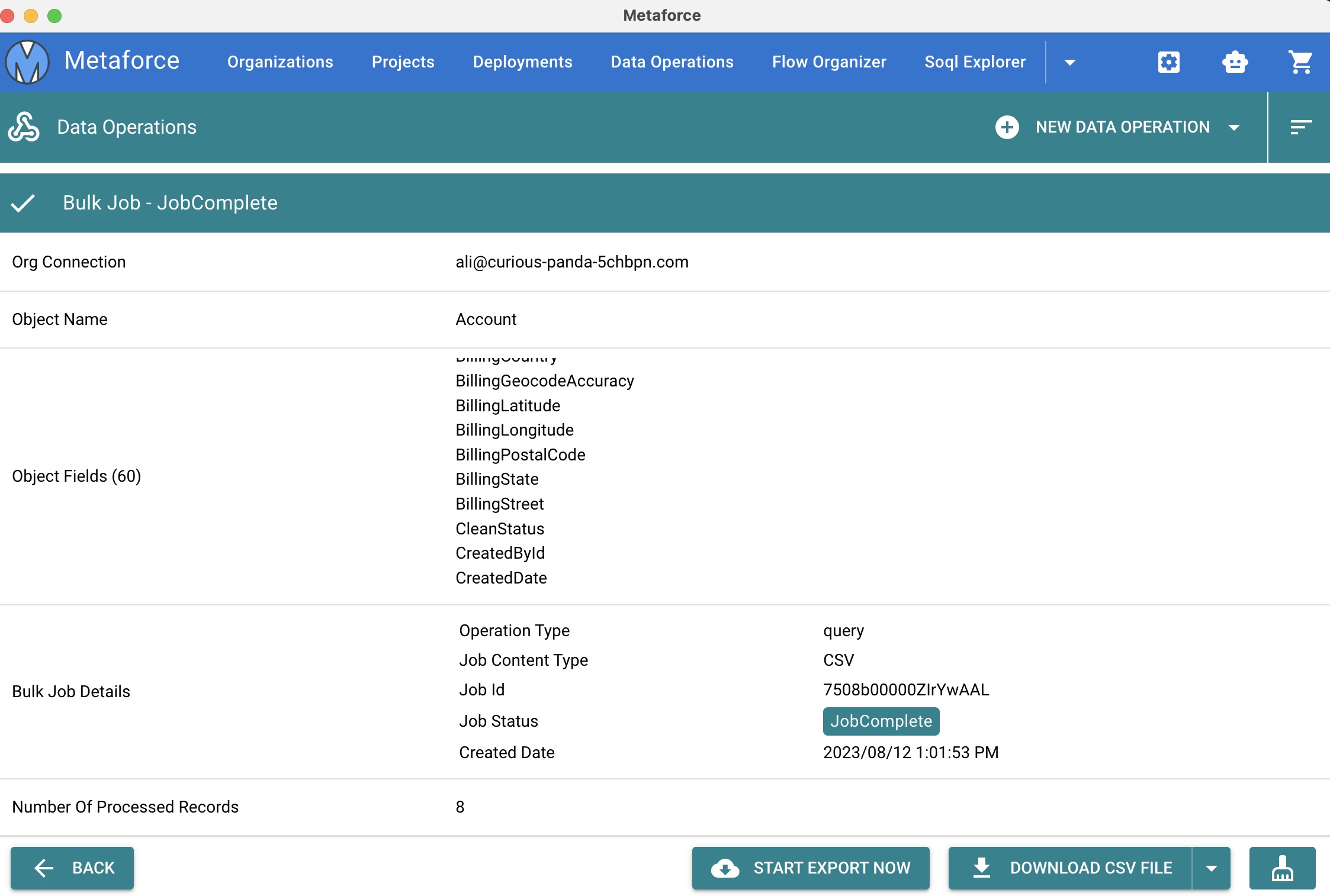 export account result